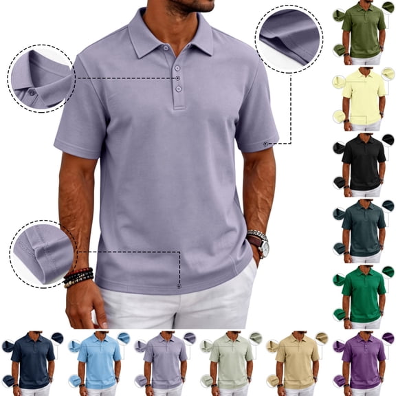 Golf Polo Shirts for Men Stylish Quick Dry Short Sleeve Lapel Polo Shirt Summer Moisture Wicking Casual Business Classic Fit Tshirts Light Purple M