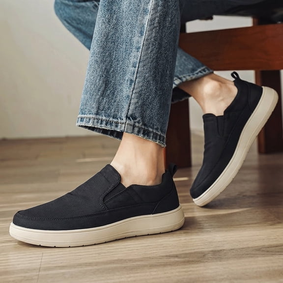 Domuza Men's Slip On Canvas Loafers, Breathable Woven Fabric Casual Walking Shoes, Lightweight Cushioned Platform Slip In Sneakers for Daily Wear Black 7.5 (EU-40)