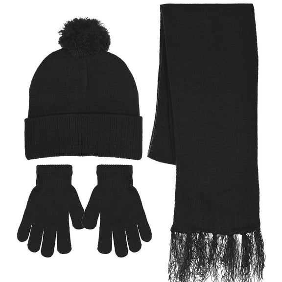 Boys Knit Beanie Scarf & Gloves Set Full Wrap Cuff & Pom 3 Solid Colors