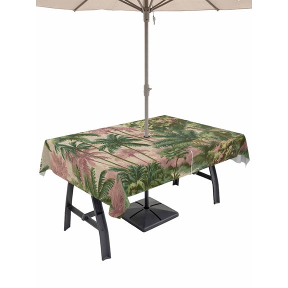 Outdoor Tablecloth with Umbrella Hole for Patio/Picnic/Party/Camping, Tropical Palm Trees Waterproof Table Cloth Rectangle Table Cover Washable, Boho Vintage Summer Forest Burlap (60"x 102")