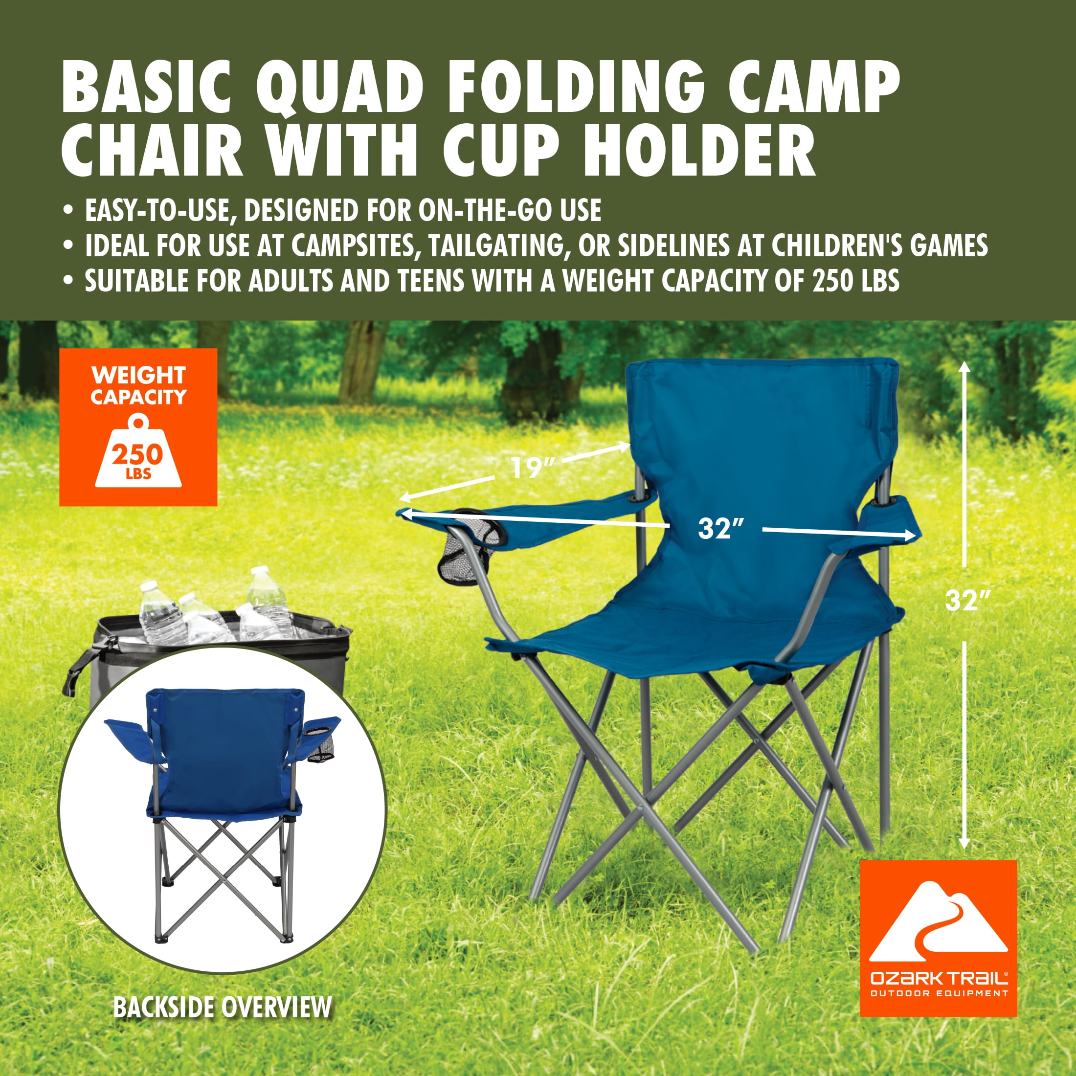 Ozark Trail Basic Quad Folding Camp Chair with Cup Holder, Blue