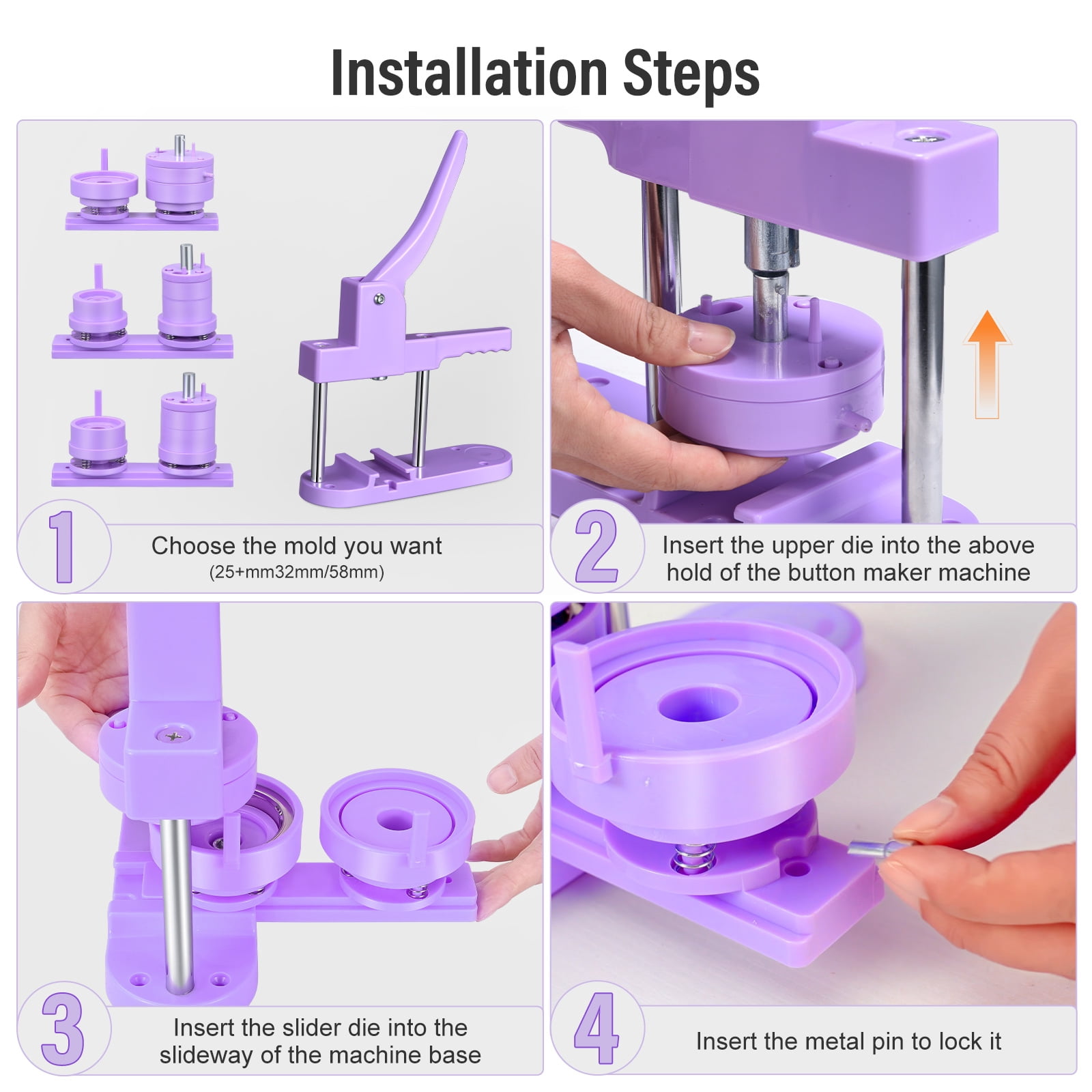 Upgraded Button Badge Maker Machine 58mm Purple Button Pin Press Machine with 100Pcs Supplies ,Beginner-Friendly