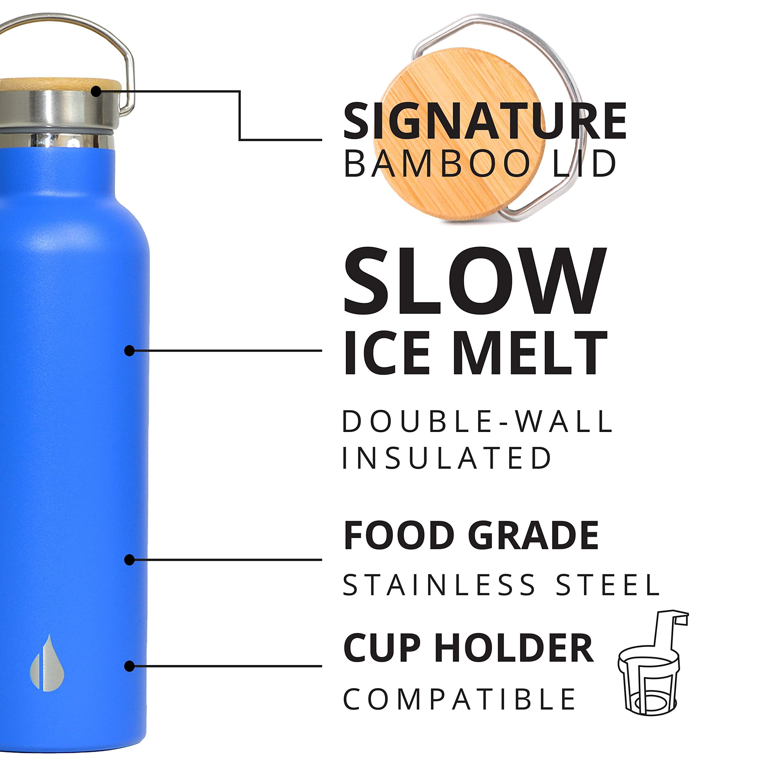 Elemental Classic Insulated Water Bottle, Leak Proof Thermos Water Bottle with Bamboo Lid and Metal Ring, Reusable Insulated Stainless Steel Water Bottle, 25oz - Azure