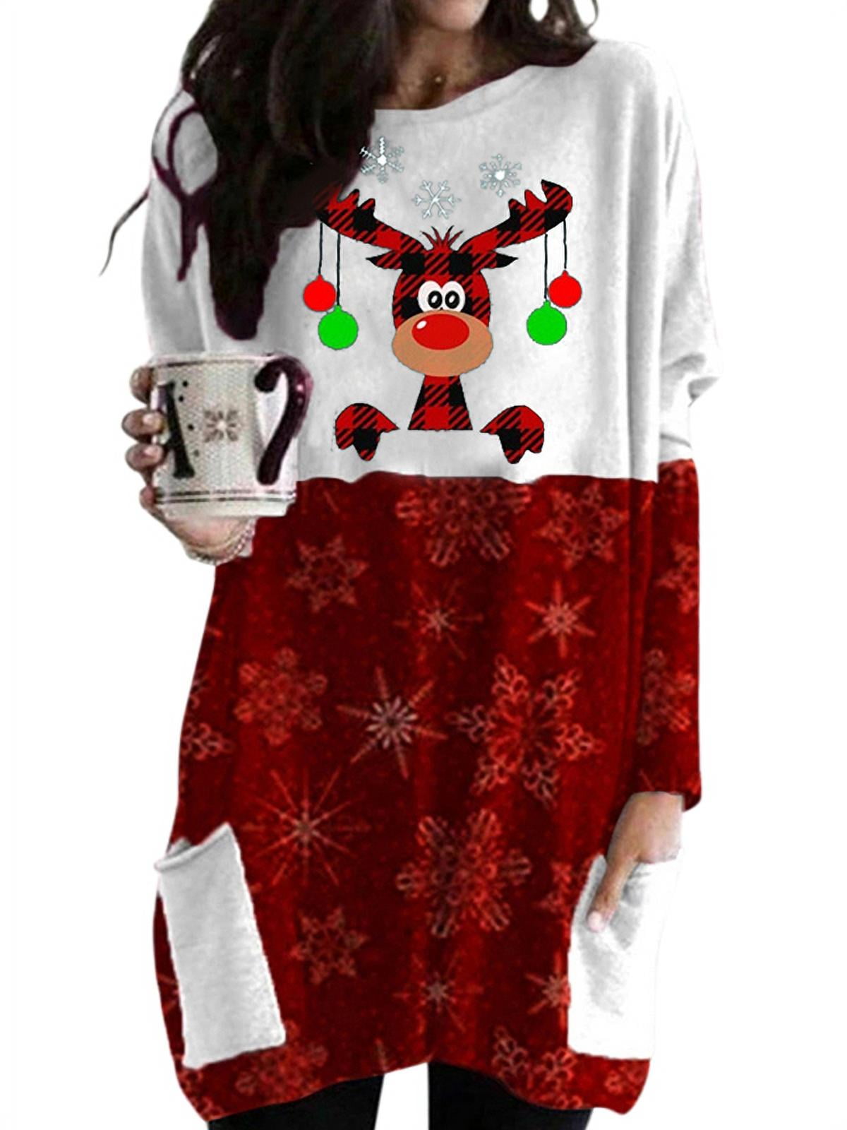 FASHIONWT Women Reindeer Print Long Sleeve Christmas Dress