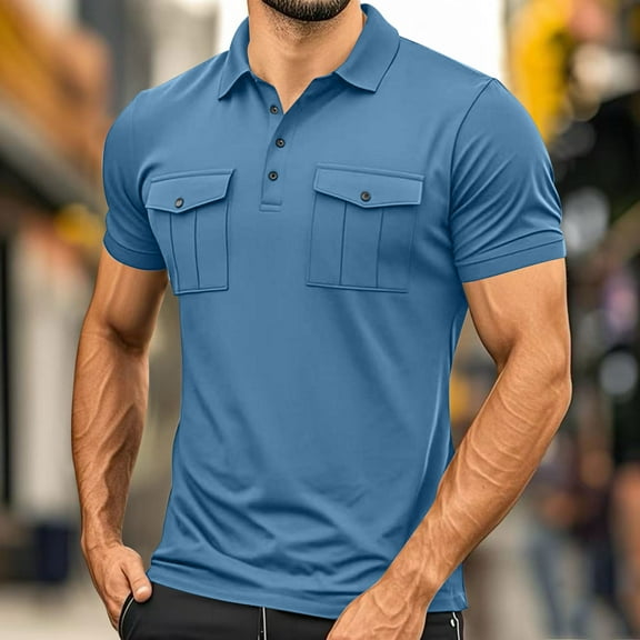 Blczomt Mens T Shirts under $5 Golf Slim Polo Shirts Collared Button Moisture Wicking with Pockets Blue Mens Tops