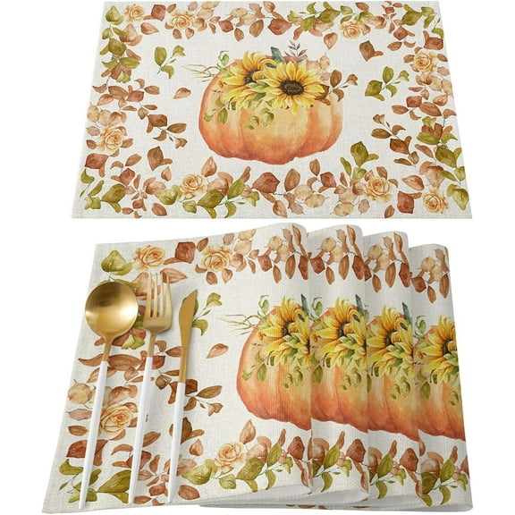 Boho Fall Placemats Set of 6, Thanksgiving Watercolor Pumpkins Heat Resistant Washable Table Place Mats Sunflowers Eucalyptus Table Linens Party Holiday Decor for Home Kitchen Dining Outdoor Indoor,