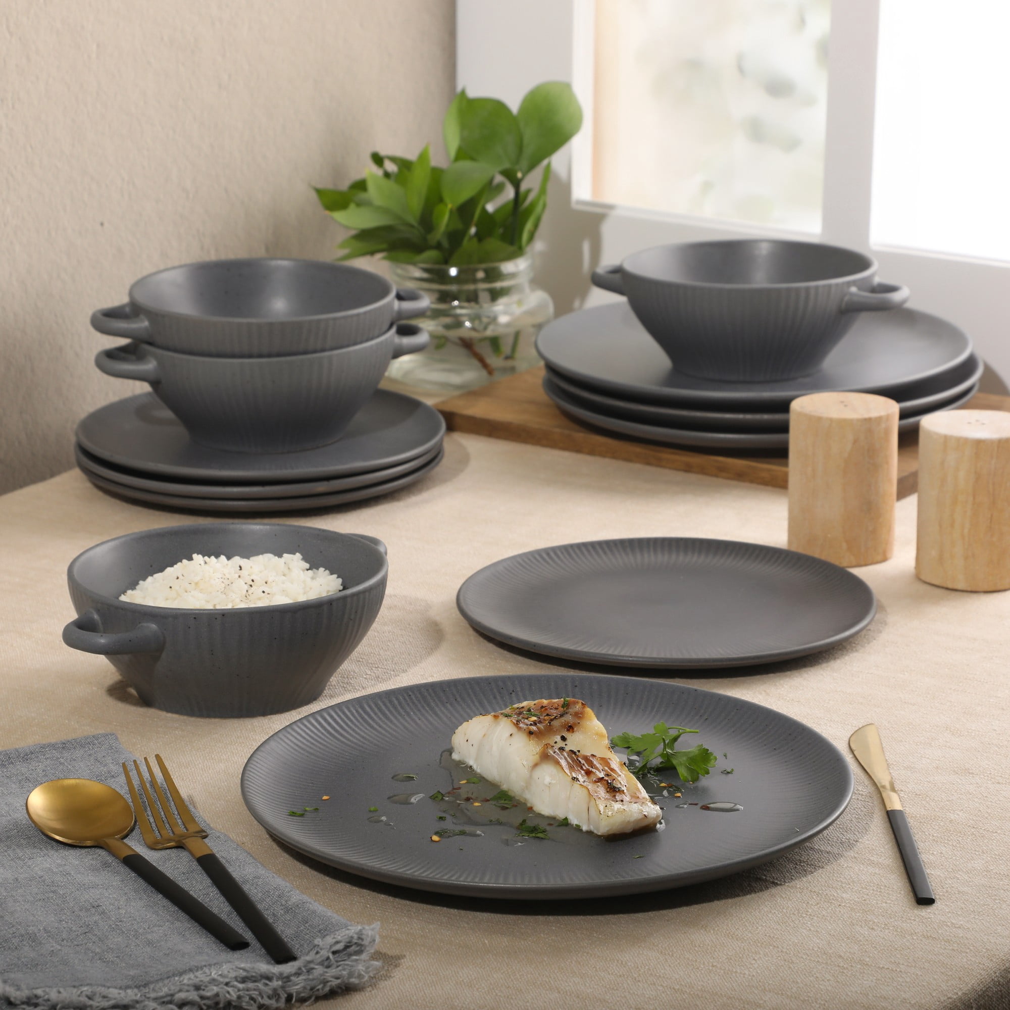 Gibson Elite Clover Hill 12-Piece Stoneware Dinnerware Set - Embossed Reactive Glaze - Service for 4 - Dark Blue