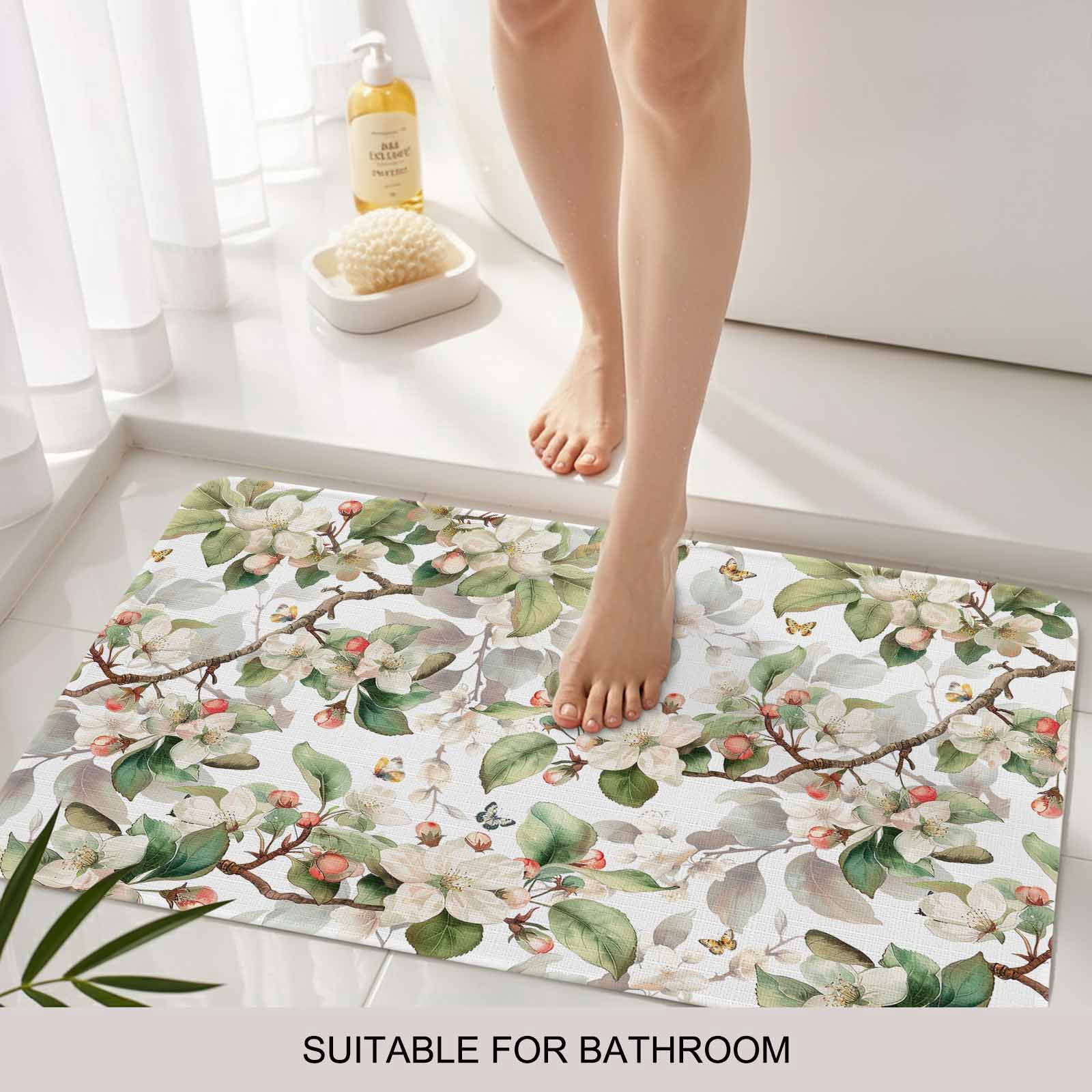 Spring Floral Doormat Outdoor Entrance 24"x36", Green Botanical Flowers Watercolor Absorb Moisture Dirt Door Mats, Non-Slip Rubber Backing Floor Mats Indoor, Low-Profile Front Door Rugs
