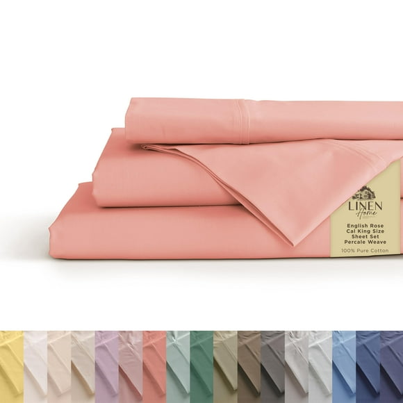 Draps en Percale 100 % Coton Taille California Très Grand, Rose Anglais, Poches Profondes, Ensemble de Draps 4 Pcs - 1 Drap Plat, 1 Drap-Housse à Poches Profondes et 2 Taies d'Oreiller, Linge de Lit Frais et Solide