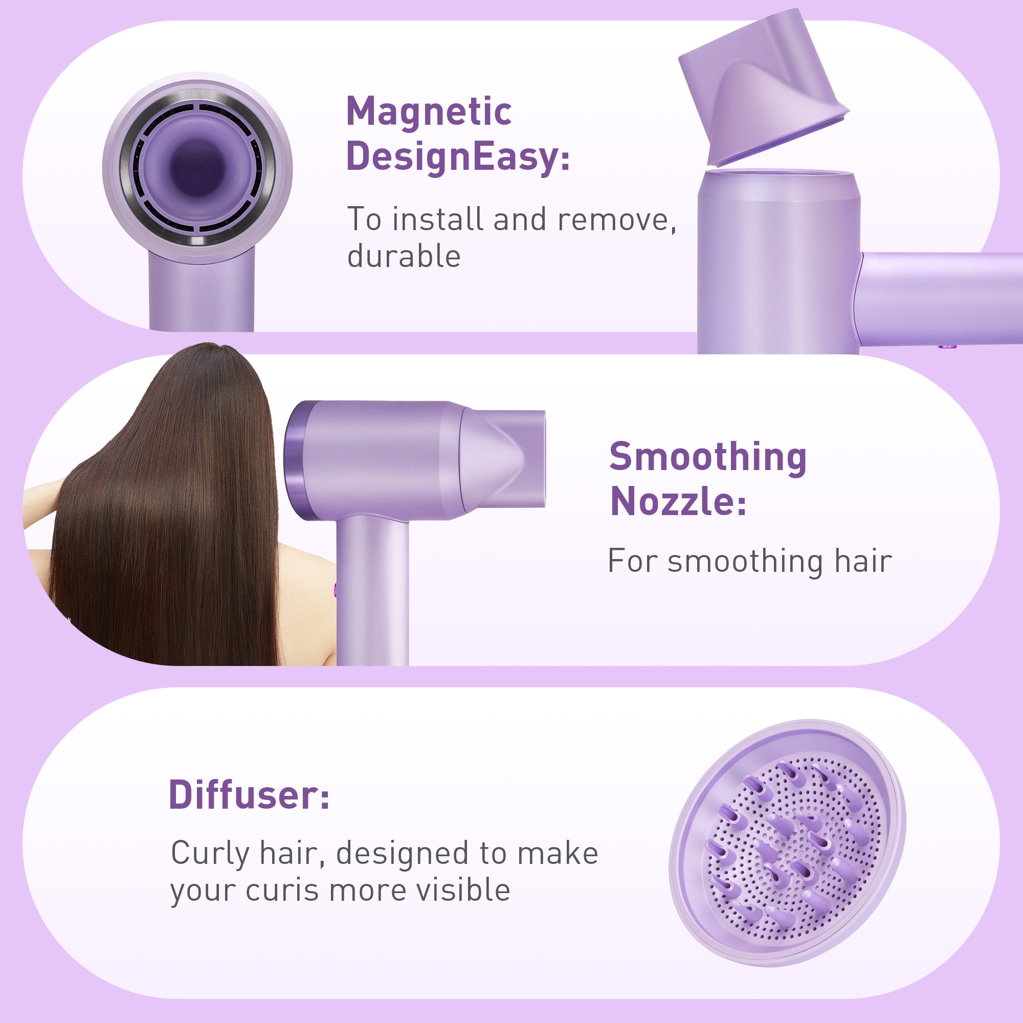 BERGUF Professional Ionic Hair Dryer, 130000 RPM High-Speed Brushless Motor Negative Ionic Blow Dryer for Fast Drying, Low Noise Thermo Control Blow Dryer with Magnetic Diffuser and Nozzle (Purple)