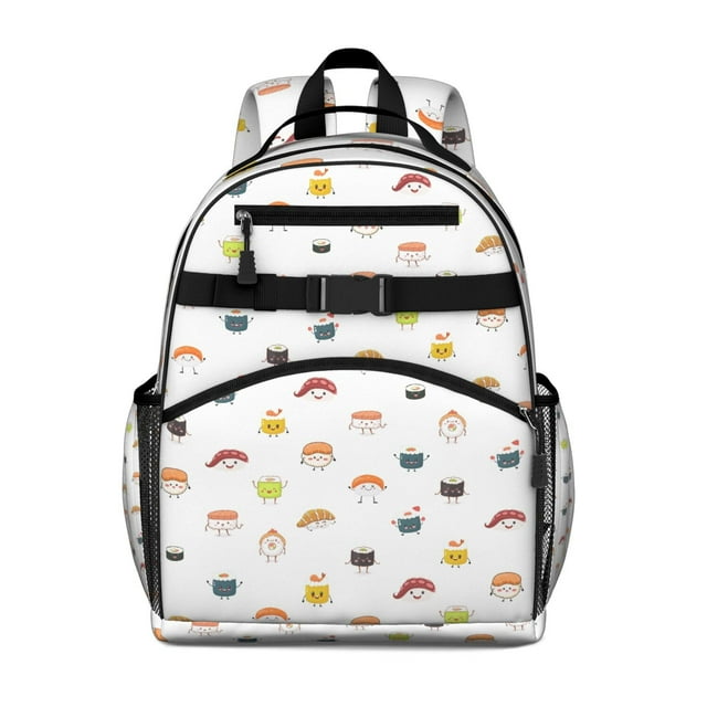 Sushi Party Themed Student Backpack Featuring Cartoon Sushi Rice and Fish Designs Durable and Water-Resistant Book Bag Comfortable with Padded Shoulder Straps
