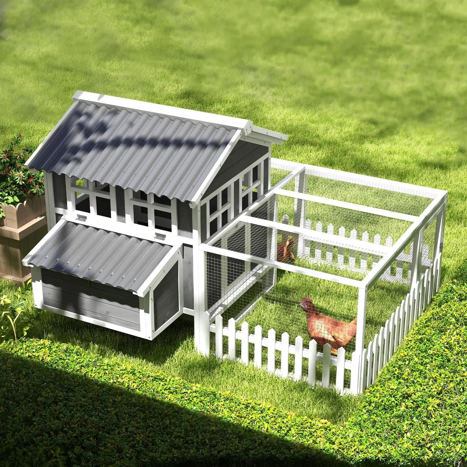 Pefilos 67" Large Chicken Coop Rabbit Hutch, Outdoor Wooden Poultry Cage Hen House with Nesting Box, Run for Garden Backyard, Gray