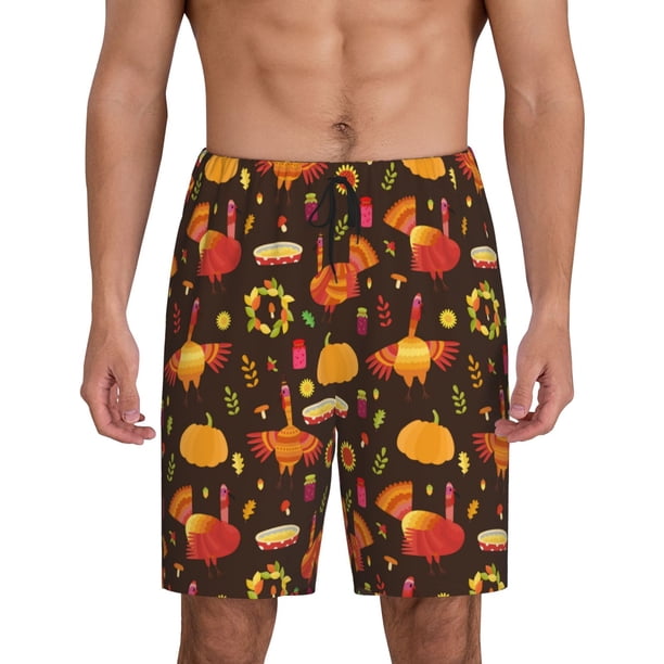 Balery Thanksgiving Turkey Pantalones cortos de pijama de punto de algodón para hombre con cinturilla y bolsillos-Medium
