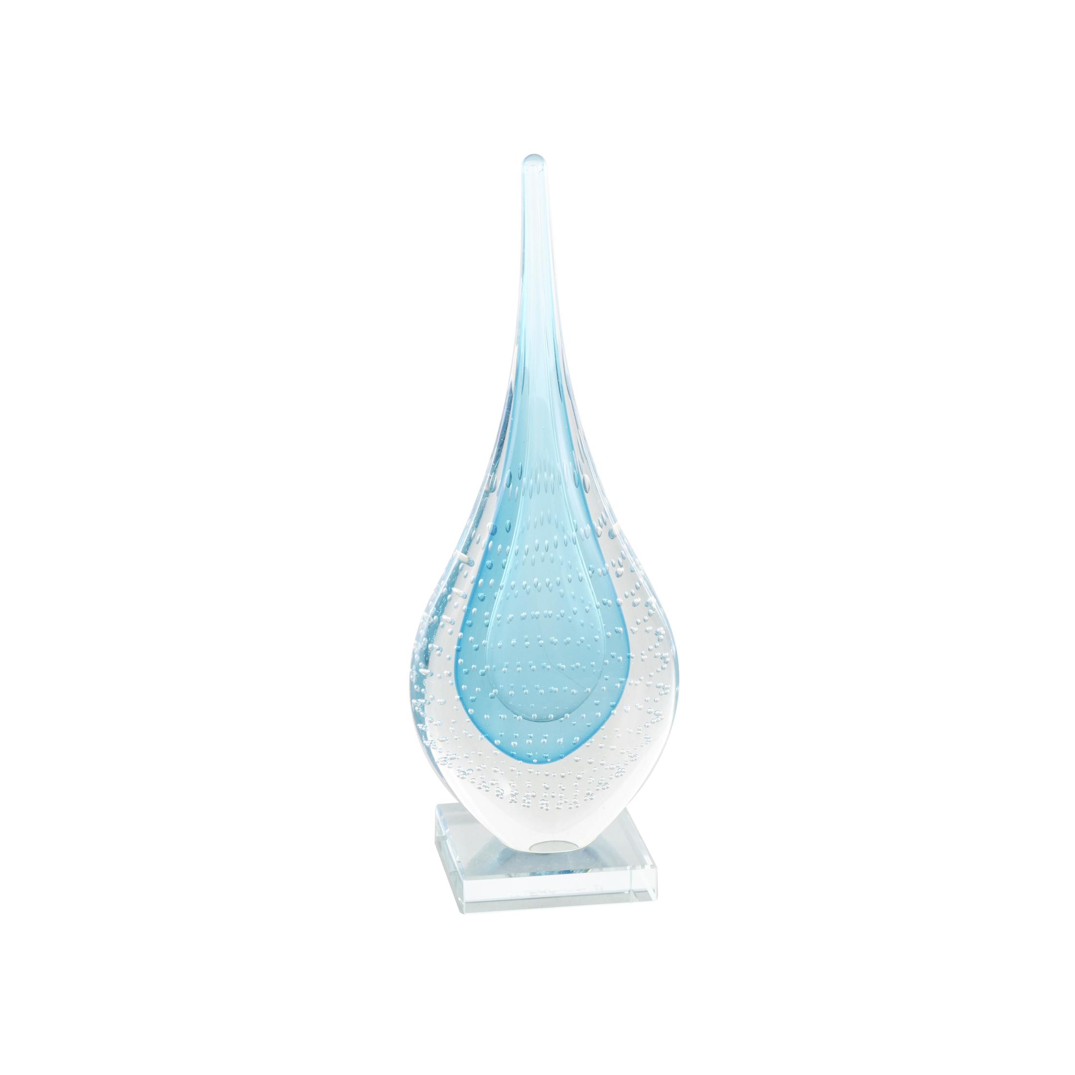 5" x 13" Blue Glass Teardrop Abstract Sculpture with Clear Bubble Droplets, by DecMode