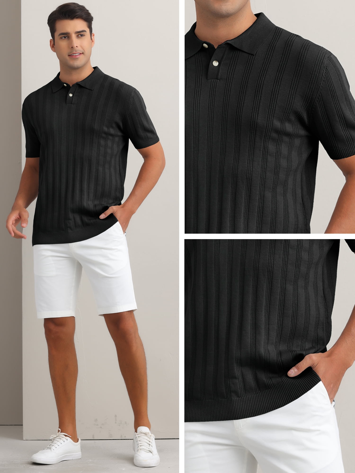 DARING DIVA Men's Short Sleeve Button Regular Fit Knit Texture Collared Polo Shirt M Black