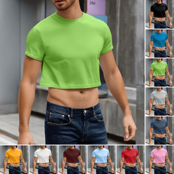 Crop Tops for Men Fashion Casual Short Sleeve Crew Neck Pullovers Summer Breathable Lightweight Classic Fit Pure Color Beach Tshirts Green 2XL