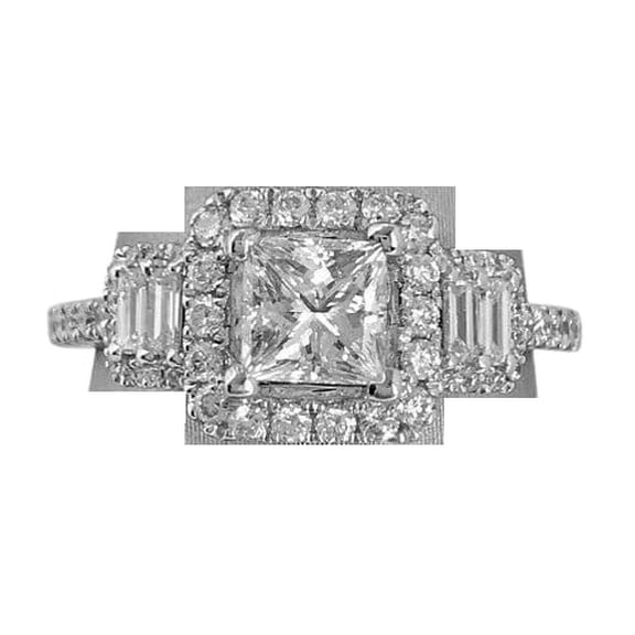 HeartsAndYou 4ct Princess Cut Moissanite Baguette Accent Halo Engagement Ring for Women 18k White Gold over Silver