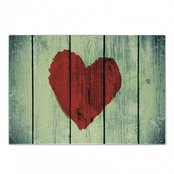 Love Cutting Board, Heart Painted on Rustic Wooden Wall Romance Affection Pleasure Themed Print, Decorative Tempered Glass Cutting and Serving Board, Small Size, Red Pale Green, by Ambesonne