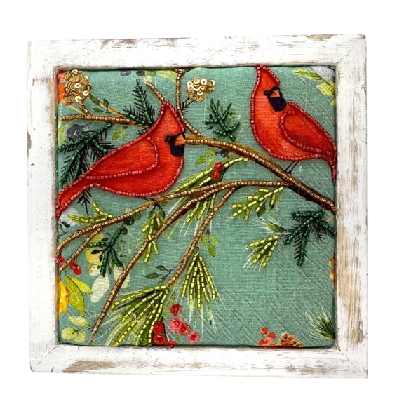 Cardinal Art - Thick Wood Frame Small Artwork for Shelf, Mantle, Table Holiday Christmas Decor, Embroidered Beaded Birds and Branches
