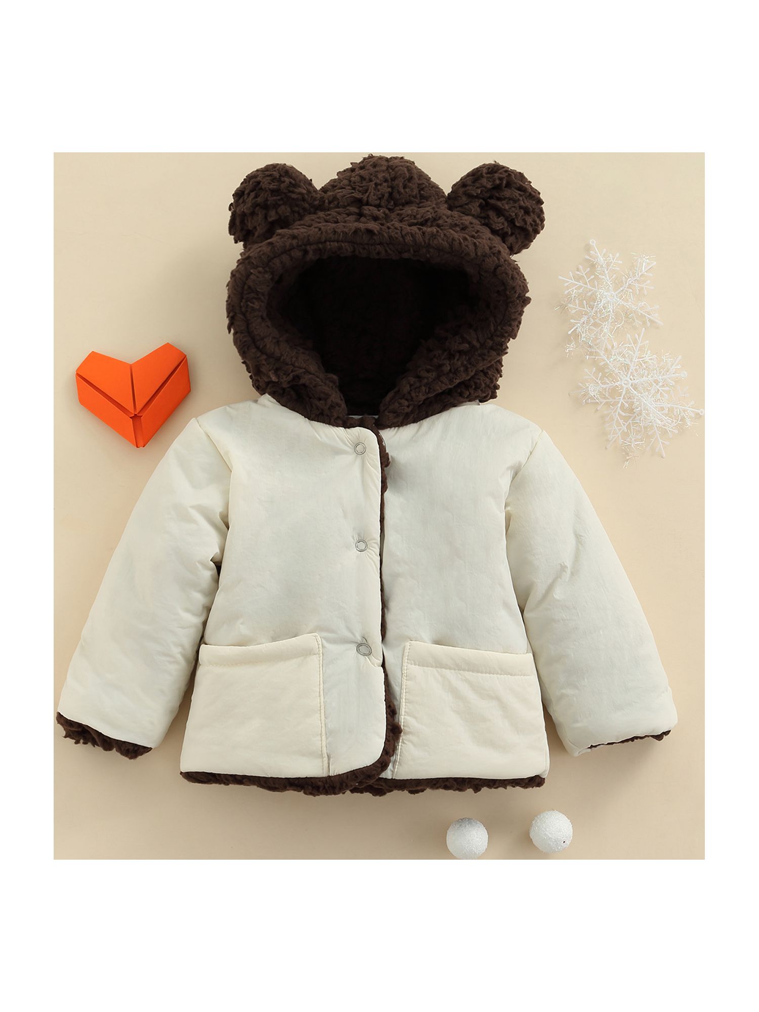 Seyurigaoka Unisex Babies Reversible Hooded Coat, Long Sleeve Button-down Wadded Jacket - image 2 of 8