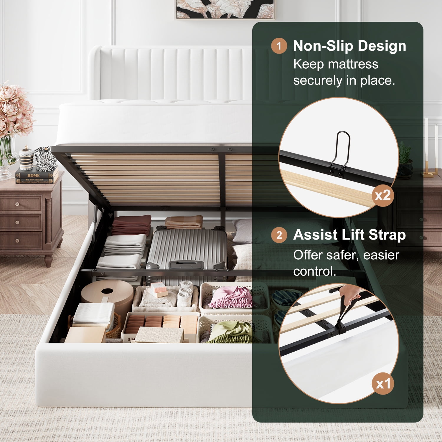 Amolife Queen Size Lift Up Hydraulic Storage Bed Frame, Platform Bed with Upholstered Wingback Headboard with Vertical Channel Tufting, White