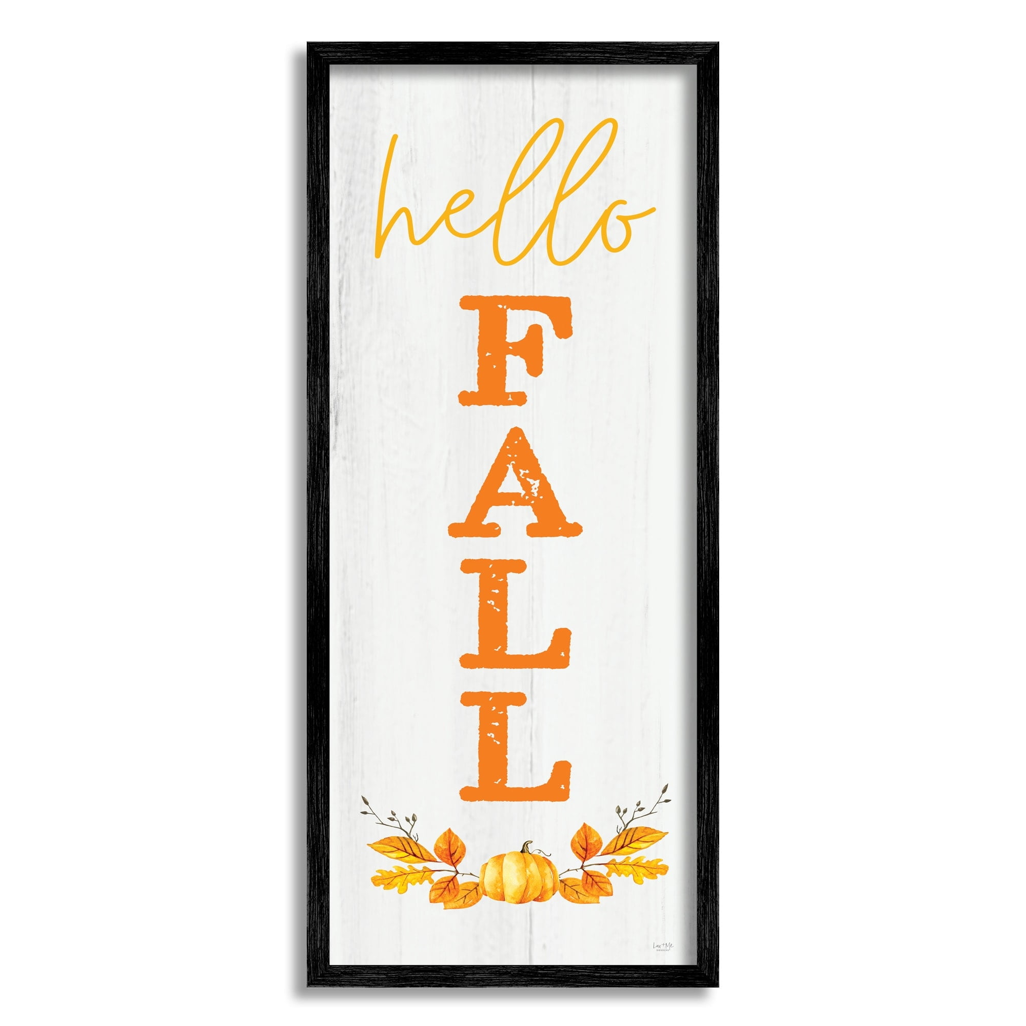 Stupell Industries Hello Fall Phrase Cascading Text Orange Leaves Pumpkin, 13 x 30,Design by Lux + Me Designs