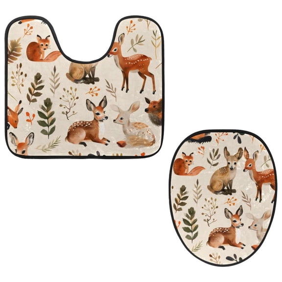PhooArto Toilet Lid Cover and U-Shaped Toilet Floor Mat Set of 2 Pieces, Cartoon Forest Animal Pattern Toilet Mat Set, Machine Washable Seat Covers Non-Slip Absorbent Rugs