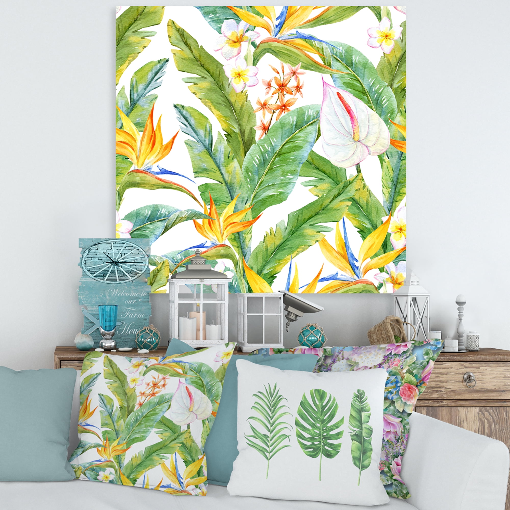Yellow Flowers and Tropical Foliage II 30 in x 30 in Painting Canvas Art Print, by Designart