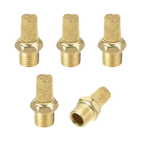 Brass Exhaust Muffler, 1/8" PT Male Thread 15/32" Hex Sintered Air Pneumatic Bronze Muffler w Brass Body Protruding 5pcs