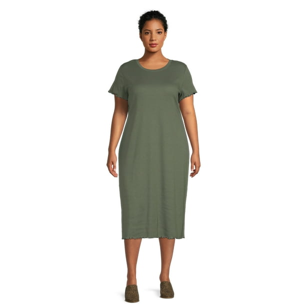 Terra & Sky Women's Plus Size Ribbed Lettuce Edge TShirt Dress
