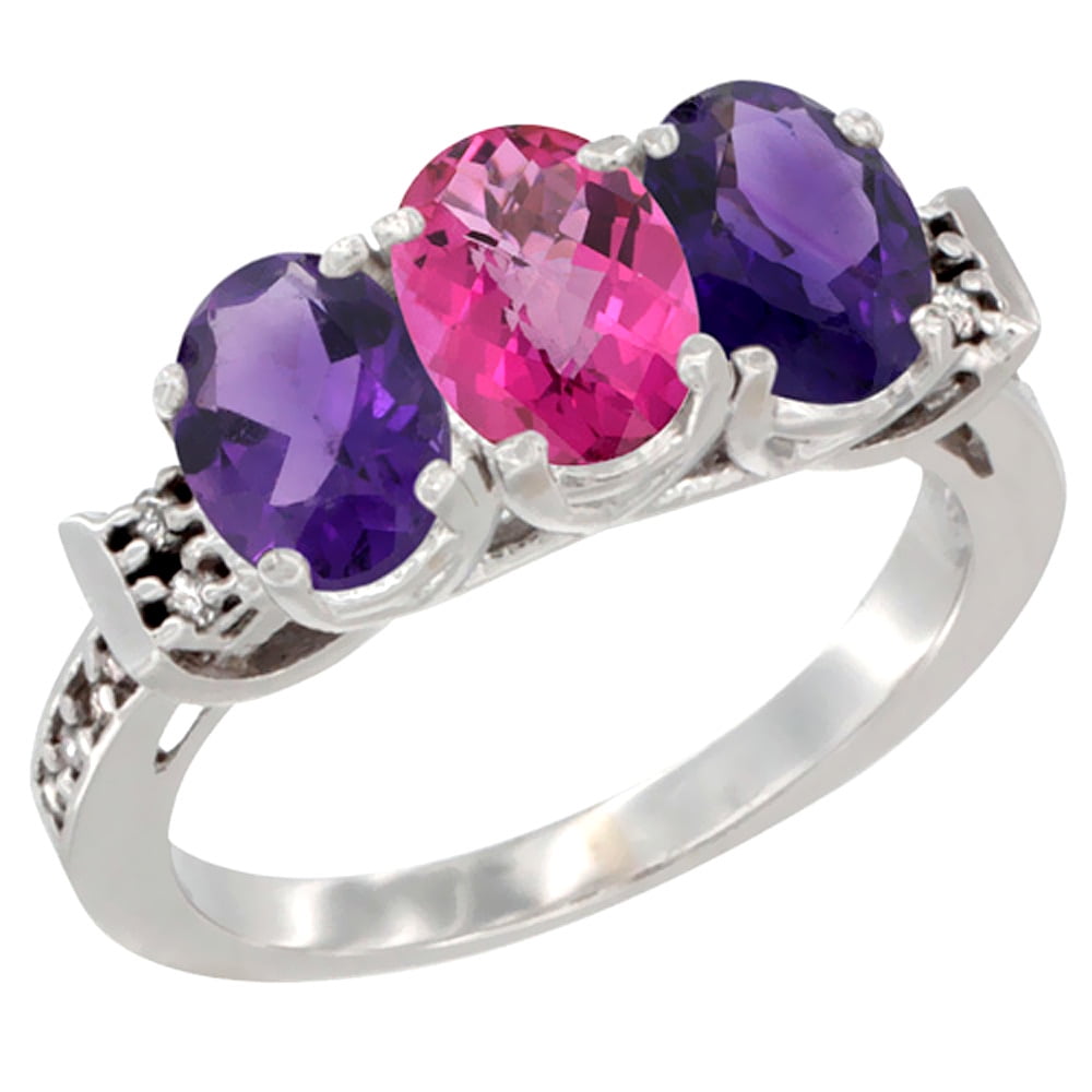 14K White Gold Natural Pink Topaz & Amethyst Sides Ring 3-Stone 7x5 mm Oval Diamond Accent, sizes 5 10 by WorldJewels