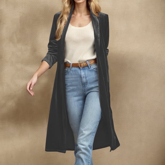 Ruimatai Women's Long Velvet Jacket Open Front Cardigan Coat Fashion Solid Color Fall Winter Long Sleeve Trench Coat Outerwear