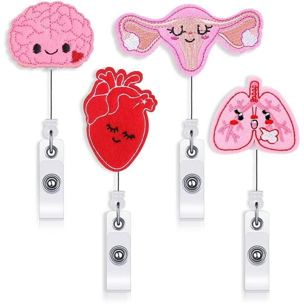 Iguohao 4 Piece Felt Retractable Badge Reel Holder For Nurse Brain Uterus Lung And Heart Badge Reel Cute Nurse Id Badge Holders Felt Tag Holder With A