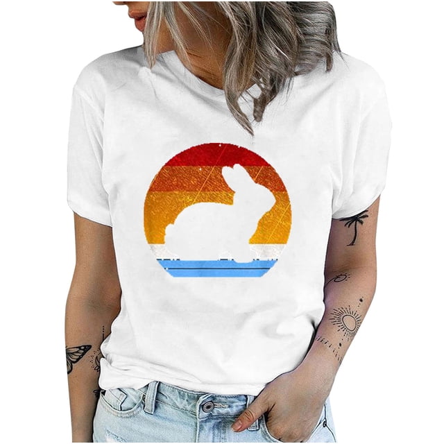 Camisetas de cuello redondo para mujer Camisetas con estampado de conejo de Pascua Camiseta de manga corta Blusa Tops Fridja bn1967