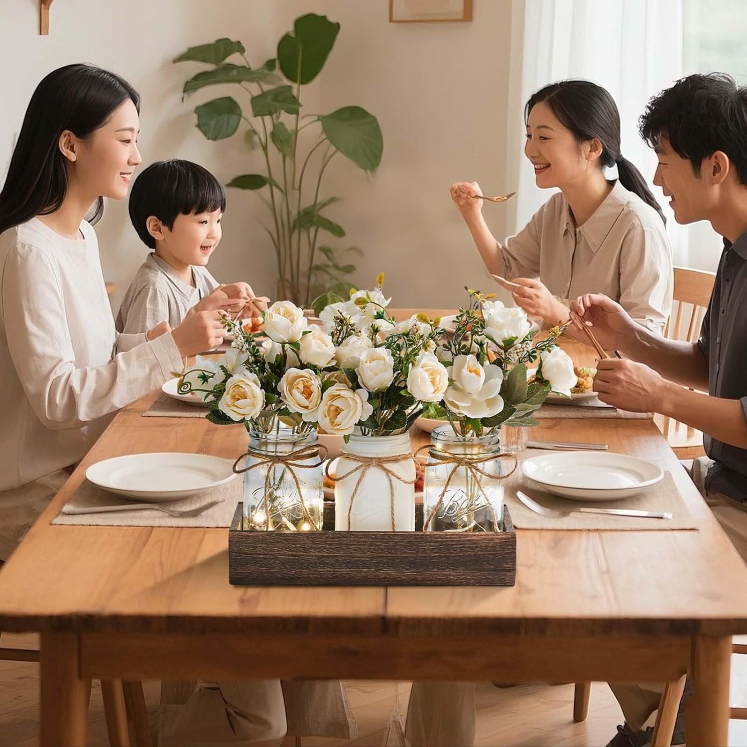 3 Pcs Mason Jar Centerpiece Table Decorations Fake Flowers Artificial Blue Flowers Rustic Spring Centerpieces Decor with Wood Tray and Light Table Decorations for Home Kitchen Living Room