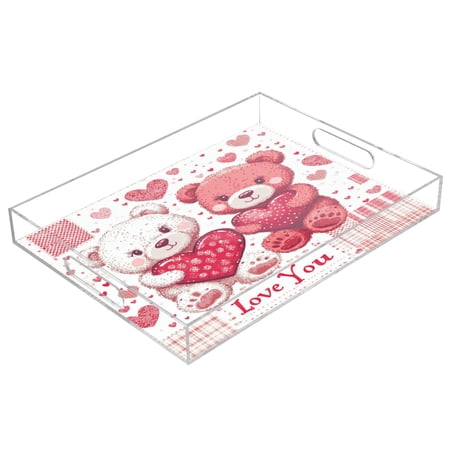 WOBOGO Valentine Teddy Bears Acrylic Serving Trays 15.7x11.8 Inch Spill Proof Clear Decorative Organizer with Handle