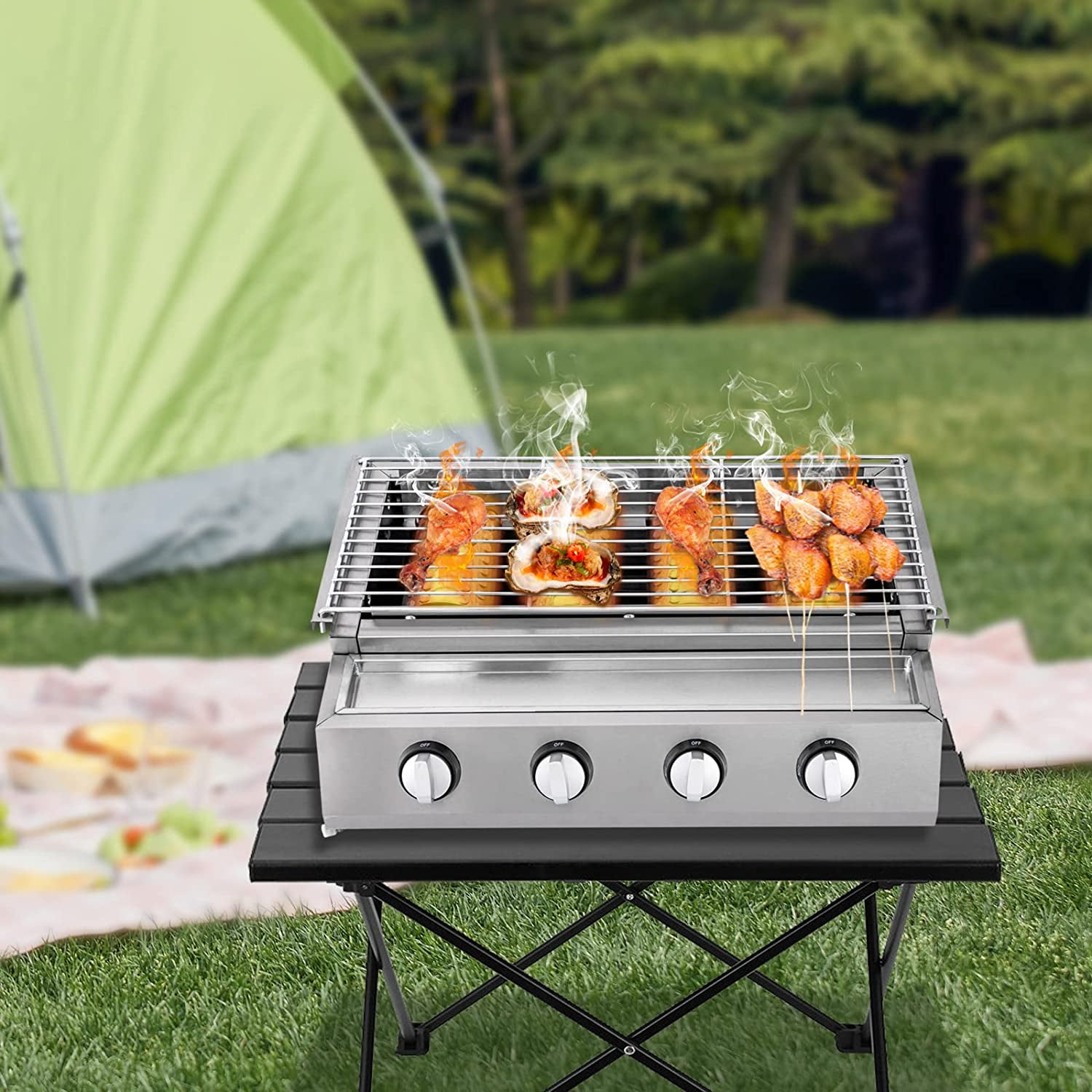 Miumaeov 4-Burner BBQ Grill Gas Stove Outdoor/Indoor Home Picnic Stainless Steel