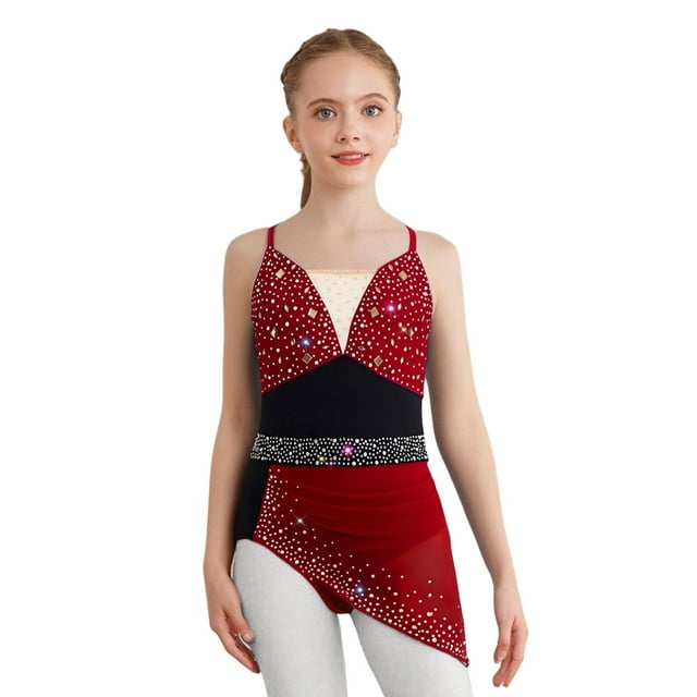 CHICTRY Robe de Patinage Artistique pour Filles, Bretelles Spaghetti, Jupe de Ballet, Bourgogne 12