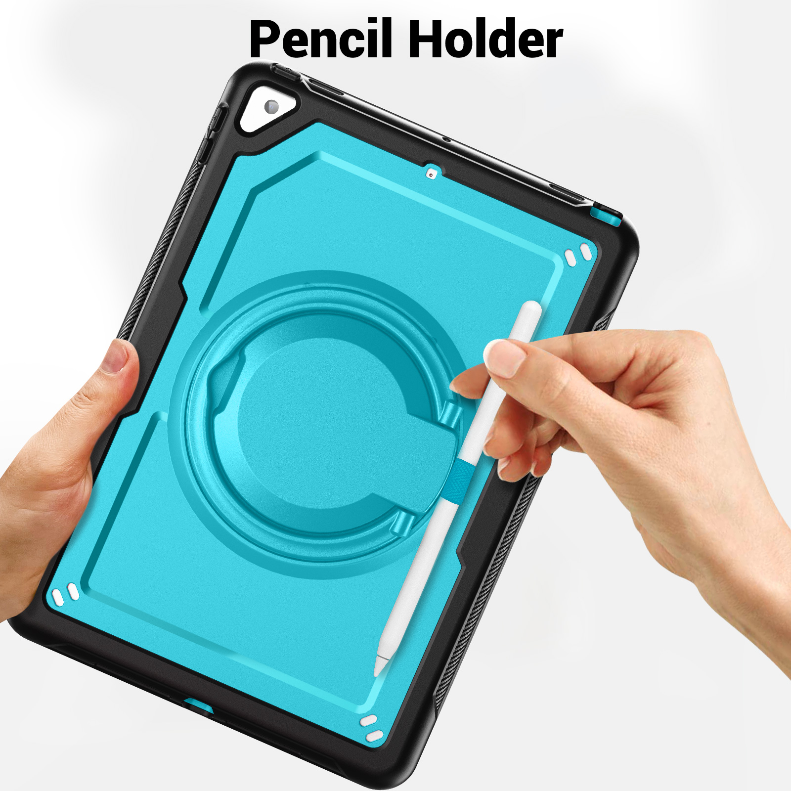 Shockproof Case for Apple iPad 9th 8th 7th Gen 10.2 Inch, Hybrid Protective Cover with Pencil Holder & Shoulder Strap Kids Friendly Rotating Kickstand Case for iPad 10.2" 2021/2020/2019,Lightblue