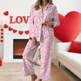 thumbnail image 2 of vigerkar Holiday Cute Bow Pajamas Women Silk Satin Pink Heart Print Pjs 2 Piece Long Sleeve Shirt Matching Lounge Pants Set (Pink, XXL), 2 of 6