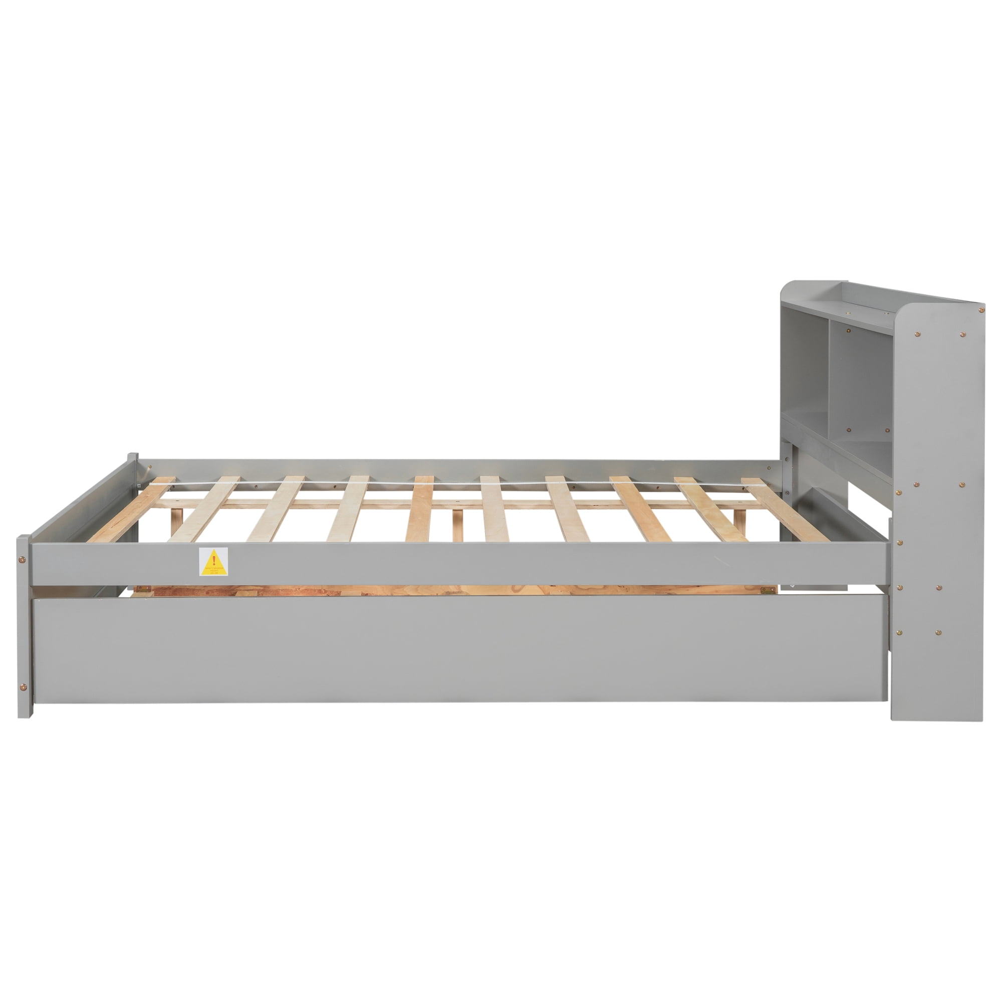 Leumius Full Size Bed with Trundle and Bookcase Headboard for Boys Girls Grey