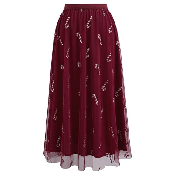 CHICWISH Women Christmas Shimmer Candy Cane Print Mesh Tulle Midi Skirt Cute High Waist A-Line Casual Holiday Skirts Burgundy