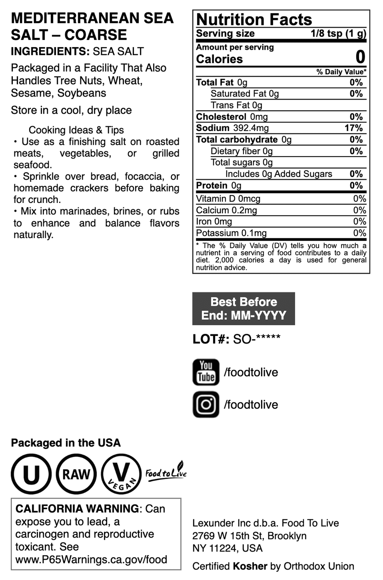 Coarse Mediterranean Sea Salt, 12 Pounds — Kosher, Raw, Vegan — by Food to Live
