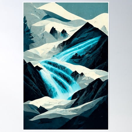 Mountain Waterfall - Alpine Landscape Illustration - Ai Generated Design - Ai Artwork Poster Wall Art Modern Wall Decor 12x18 UNFRAMED