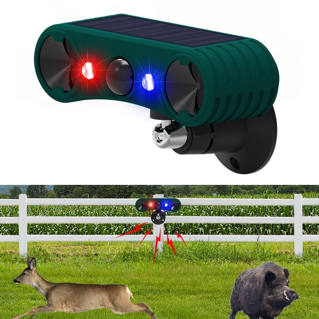 Solar Ultrasonic Sound Light Alarm, Solar Animal Defender Multifunctional 4 Adjustable Modes Red and Blue Strobe Lights Double Channels for Farms