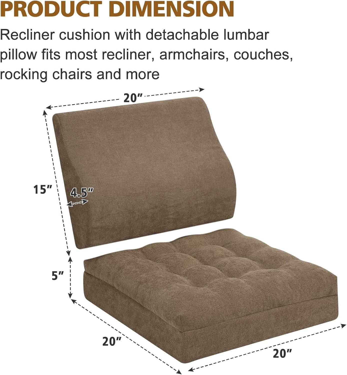 Recliner Cushion for Elderly with Lumbar Support Pillow - 20x20x5 Inch Extra Thick Recliner Seat Cushion for Seniors Relief Back Pain and Tailbone Pain from Long Sitting Non-Slip Bottom Brown