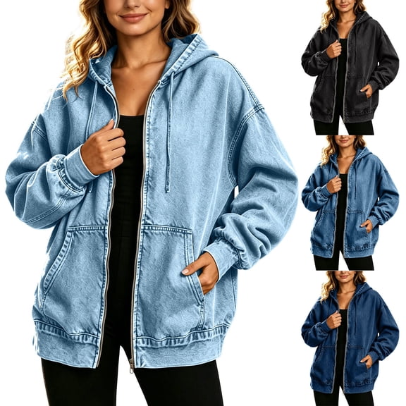 Oversized Hooded Denim Jackets for Women Long Sleeve Drawstring Casual Outerwear Zip Up Streetwear Coat with Kangaroo Pockets