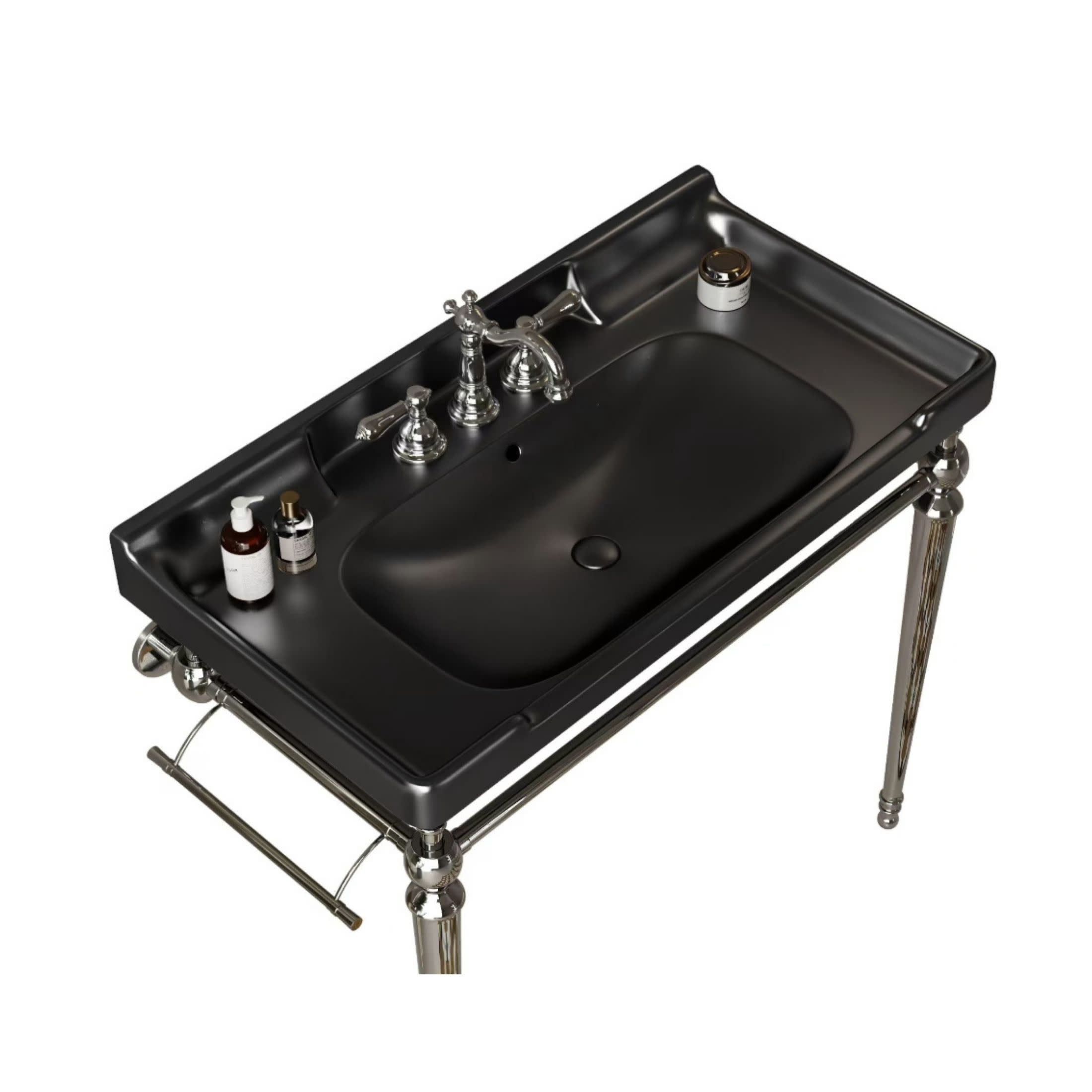 Noble House Vici 36" Bathroom Ceramic Basin Sink, 3 Faucet Holes with Wide Countertop Deck Toiletries Storage, Black