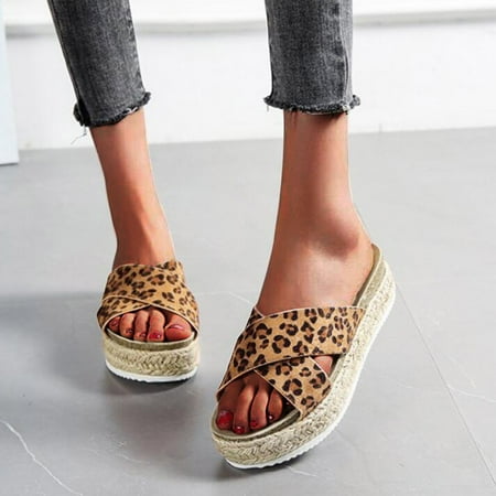 

Sunhillsgrace Shoes For Women Sandals Summer Fashion Leopard Print Hemp Rope Woven Thick-soled Casual Slippers