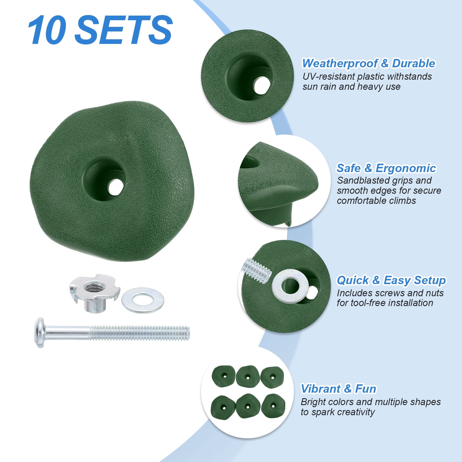 Rock Climbing Holds, 10 Pcs Climbing Rock Wall Grips with Single Holes for Playground Accessories, Green-C